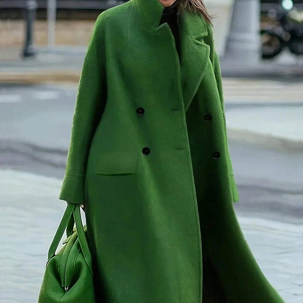 Green Casual Women's Blend Lapel Long Sleeve Warm Overcoat - Picture 1 of 5